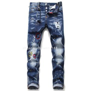 Jeans de jeans masculinos do segundo quadrado Red Homens Novo Inverno de tinta esfarrapada Men Slim Patches Stretch Jeans Blue Skinny Beggar Pants 1059