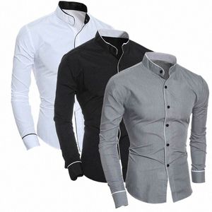 Primavera dos homens Nova Cor Sólida Simples Casual Coreano Versi Slim Fit Lg Camisa de Manga 15Rq #