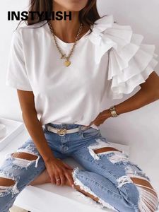 Womens Summer Ruffled Short Sleeve Loose T-shirt Fashion Elegant Solid O-neck Top Casual Simple Full Matching T-shirt 240327