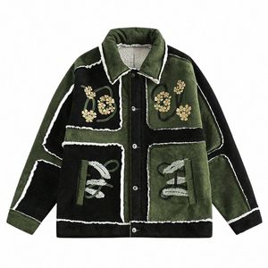 män mocka plyschjacka vintage blommig broderi färg matchande lamm ull fleece kappa lapel lösa förtjockar utkläder unisex e5og#