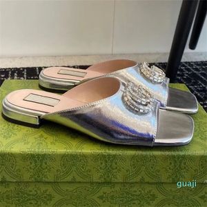 Summer Crystal-set Sandals Shoes Sparkling Hardware Patent Leather Slide Flats