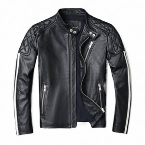 2021 neue fi Männer Leder Jacke 100% Echtes Rindsleder Mantel Weiß Streifen Coole Biker Dünne Kurze Herbst Leder Kleidung.s4mM#