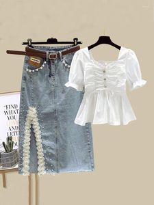 Arbeitskleider Sommer Weiß Zweiteiler Rock Set für Frauen Square Neck Kurzarm Hohe Taille Denim Split Zweiteilige Jeans