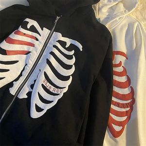 Kvinnors hoodies mode casual skalle skum tryckt tröja hoodie blixtlås jacka svart vit blå lös toppkläder