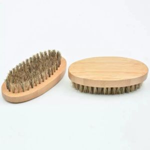 Boar Bristle Hair Beard Brush Hard Round Wood Handle Anti-static Boar Comb Hairdressing Tool For Men Beard Trim Customizable 0327