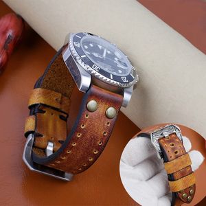 18mm 20mm 22mm 24mm äkta läderklockband Rivet Leather Watch Strap Replacement Carving Strap Vintage Watches Accessories 240313