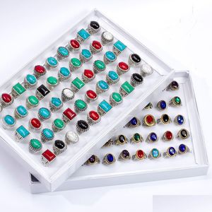 Bandringar BK 20st/Lot Menskvinnor Vintage Metal Glass Turquoise Stone For Party Present Partihandel smycken Drop Delivery Ring Othx6