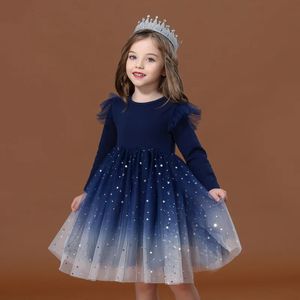 Sweet Girls Party Evening Dress Starry Gradient Long Short Sleeve Princess Bubble Fashion Childrens Klädklänningar 240326