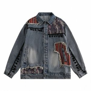 high Sense Men's Ethic Style Striped Patchwork Wed Denim Jackets Small Tassel Raw Edge Lapel Butt Jeans Jacket All-match N4bL#