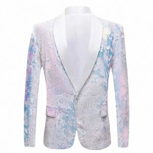 mens White Veet Tuxedo Dr Blazers Shiny Sequins Slim Fit Suit Blazer Jacket Male Party Wedding Stage Singers Costume Homme n3JF#