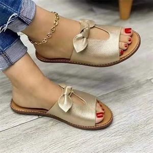 Slippers Slippers 2023 Womens Soes Cute Buerfly Knot Flats Casual Sandals Solid Beach Zapatillas Strapless H240326W1EU