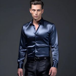 Mens Satin Silk Dress Shirt Long Sleeve Slim Business Formal Casual Tops Classic 240318