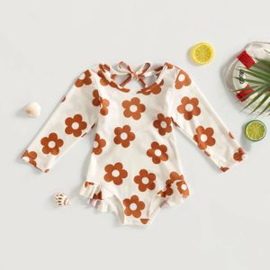 Infantil bebê menina roupa de banho adorável floral sem costas laço até manga longa plissado hem bodysuit maiô crianças menina beachwear 0-3y 240326