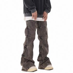 Винтажные плиссированные дизайнерские джинсы для мужчин и женщин, серые широкие брюки в американском стиле, прямые мешковатые корейские брюки в американском стиле, Q6Os #