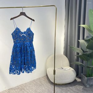 Casual Dresses 2024 Summer Ladies High Quality Party Style Solid Blue Red Lace Sweetheart Neck Camisole Hollow Out Mini