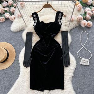 Повседневные платья Foamlina, французское винтажное бархатное платье со стразами на бретельках, женское элегантное черное вечернее платье миди без рукавов с высокой талией и перчатками