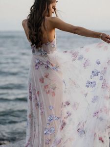 Abiti da sposa bohemien boho beach con spalline sottili Abiti da sposa con fiori stampati Vestidos De Renda