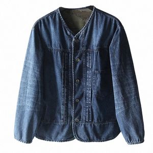 vintage Wed Denim V-neck Jacket Men's Casual Collarl Jeans Coat Japanese Style Denim Top Male 49zK#