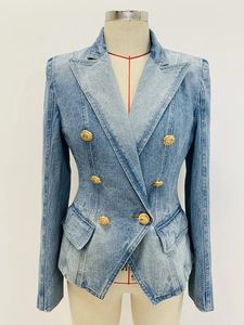 Высокое качество 2024 est дизайнерская куртка женская облегающая двубортный джинсовый пиджак с пуговицами льва 240322