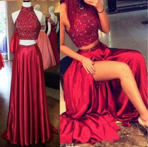Dark Red Long Homecoming Dresses Two Pieces Stunning Sequined Crop Top Front Split Formal Evening Occasion Wears Party Prom Gowns 2714731