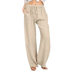 Женские брюки, женские весенне-летние повседневные прямые брюки до щиколотки, однотонные хлопковые льняные брюки с эластичной резинкой на талии для девочек
