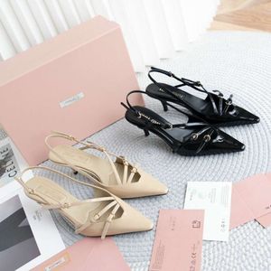 in Cabinet Version 2024 New Roman French Style | Mujia Patent Leather Small Square Pointed Kitten Heel Sandals