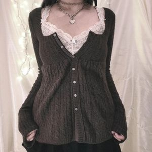 Coquette Grunge Y2k 00s Vintage tröja Enkel brösten långärmad Cardigan 00S Eesthetic Kawaii Knitwear T-shirt Women kläder 240313