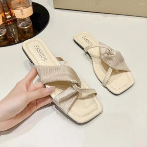 Casual Shoes Women's Cross Strap Flat Slides Square Open Toe Slip On Slide Sandals Fashion Daily