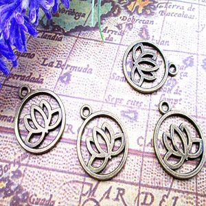 60 peças-amuletos de flor de lótus bronze antigo 2 lados pingentes de flor de lótus 24x20mm190h