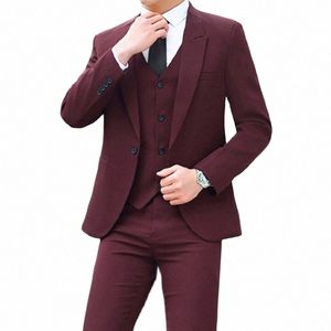 new Men's Casual 3 Piece Suit Blazer Set Jacket Pants Vest Fi Boutique Busin Solid Color Slim Dr Wedding Tuxedo i8Ih#