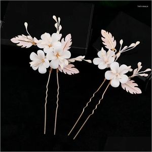 Hair Clips Barrettes Accessories Porcelain Flower Pin Clip For Brides Bridesmaids Gift Gold Color Leaf Head Piece Hairpin Bridal Jewel Otfac