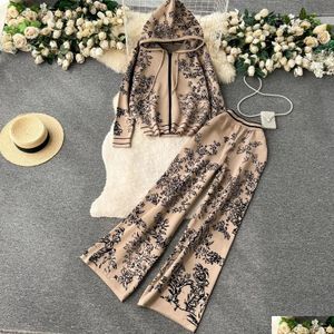 Kvinnor Tvåbitar byxor Autumn Fashion Women Tracksuit Hooded dragkedja stickade cardigans tröja hög elastisk midja breda benbyxor sui otjkx