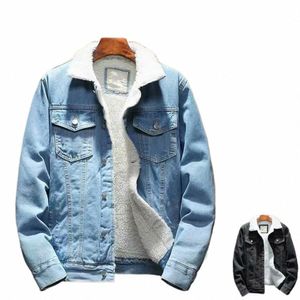 Homens Jean Jaqueta Engrossar Cordeiro Cmere Forro Cor Sólida Coldproof Outerwear Inverno Único Breasted Denim Casaco Streetwear S5jt #