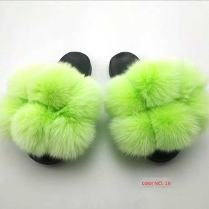 Slippers Slippers Fluffy Raccoon Fur Slide Soes Womens Fox Flip Flat Outdoor Sandals Amazing Drop Sip H240326421J