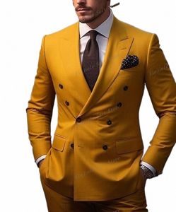 dark Yellow Men Tuxedos Busin Suit Groom Groomsman Prom Wedding Party Formal 2 Piece Set Jacket Pants a0UV#