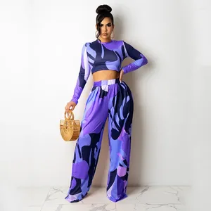 Women's Two Piece Pants Print Tracksuit 2piece Outfits Sportwear Women Matching Set Elastic High Top Sporty Wide Leg Pant Suits Activewear