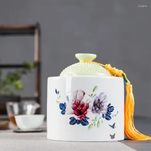 Storage Bottles Nordic Sealed Moisture-proof Tea Ceramic Painted Flower Jar White Porcelain Tank Kitchen Grain Home Decoration