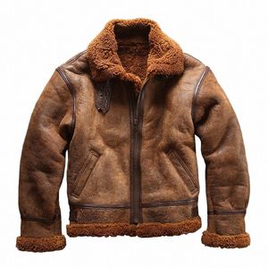 Giacca di pelle di pecora genuina calda eccellente di alta qualità europea Mens Big Size B3 Shearling Bomber Cappotto di pelliccia pilota militare v6OF #