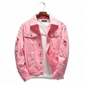 uomini rosa giacche di jeans capispalla Jean cappotti nuova primavera autunno uomo fori giacche uomo strappato giacche di jeans slim z9w8 #