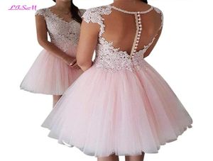 Pink Sheer Cap Sleeves Lace ALine Homecoming Dresses 2019 Tulle Applique Beaded Short Prom Cocktail Party Dresses With Buttons49752929093
