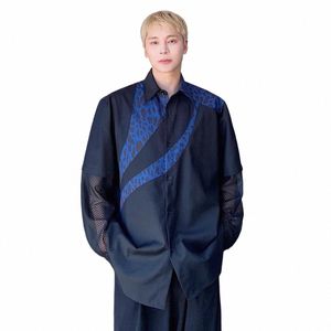 men Mesh Lg Sleeve Splice Leopard Loose Casual Shirts Male Japan Korean Streetwear Fi Vintage Dr Shirts Blouses Q6ML#