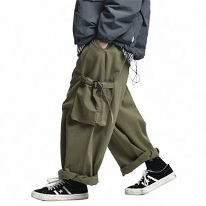 Multi Pocket Cargo Spodnie Mens Work Pants Safari Style Casual szeroko nogi spodnie Mężczyźni Solidny kolor workowate spodnie W4XQ#