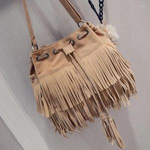 Bolsas de ombro retrô de camurça falsa com franjas, bolsa mensageiro feminina, bolsa de mão com borla, bolsa crossbody