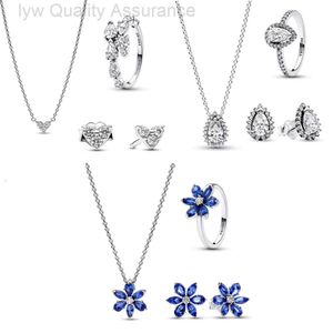 Designer Pandoras Brincos Família Pan S925 Conjunto de jóias de prata Trio Brinco de colar de cores em forma de pêra azul