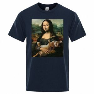 Engraçado Ma Lisa e Cat Impresso T-Shirt Para Homens Verão Cott Camiseta Solta Respirável Roupas O-pescoço Fi Casual Tees Curtos R4I1 #