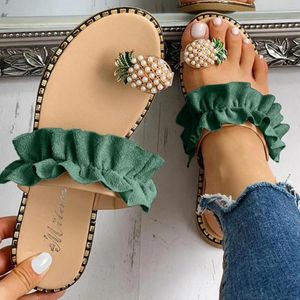 Terlik Kadın Ananas Rhinestone Sandalet Parlak Düz Yaz Plaj Klipli Toe Flip Flops Kadınlar Sert taban boyutu 8