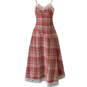 Casual Dresses French Style Summer Plaid Long Dress Women Retro Lace Stitching Spaghetti Strap Slim A-Line