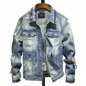 Primavera e outono denim jaquetas homens cowboy fino ajuste buraco jaqueta masculina rasgada jean jaqueta hip hop streetwear casacos plus size 5xl f0rx #