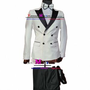 Män bröllop kostym Slim Fit Suits For Man Double Breasted White Jacket Black Pants Classic Busin Prom Party Dr Costume Homme Y85J#