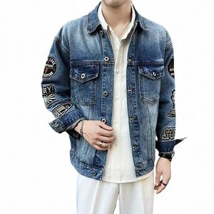 High Street Badge Embroidery Denim Jacket Mens Loose Overdimasy Casu